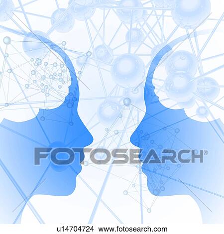 Picture - Two faces with atoms, illustration. Fotosearch