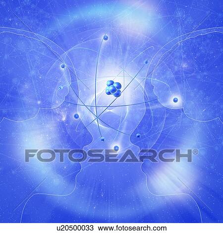 Stock Image - Two faces with atoms, illustration. Fotosearch