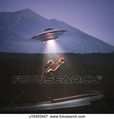 Stock Photo - UFO abducting a car above the highway, illustration.. Fotosearch