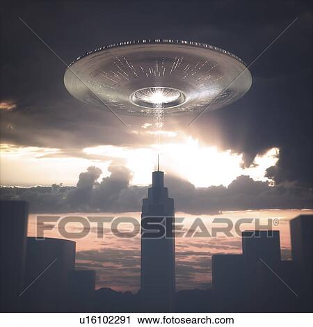 UFO above a skyscraper in the city, illustration. View Large Photo Image Stock Image - UFO above a skyscraper in the city, illustration.. Fotosearch