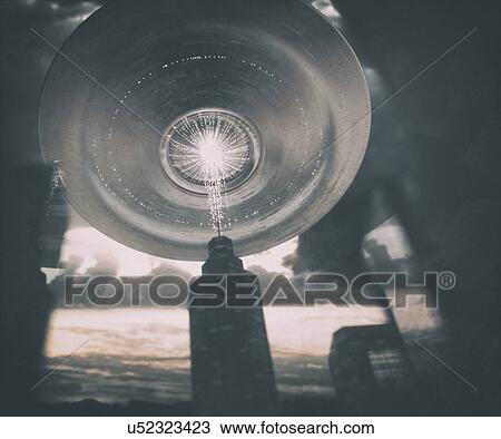 UFO above a skyscraper in the city, illustration. View Large Photo Image Stock Image - UFO above a skyscraper in the city, illustration.. Fotosearch