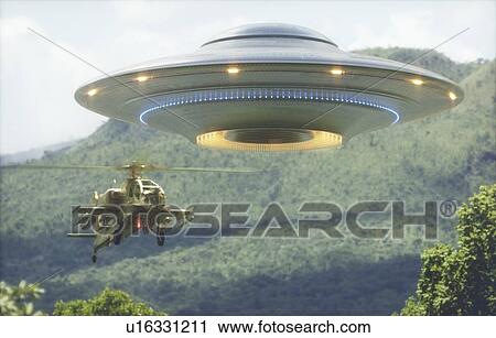 Stock Image - UFO and helicopter flying above the trees, illustration.. Fotosearch