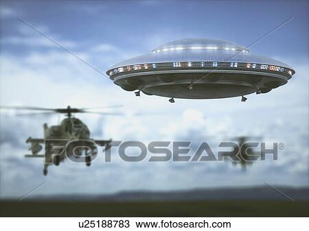 Stock Image - UFO and helicopters in the sky, illustration.. Fotosearch