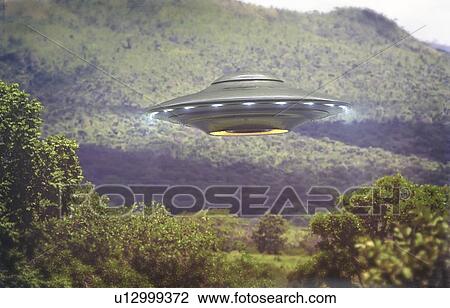 Stock Image - UFO flying above the trees, illustration.. Fotosearch
