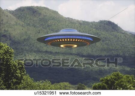 Stock Image - UFO flying above the trees, illustration.. Fotosearch