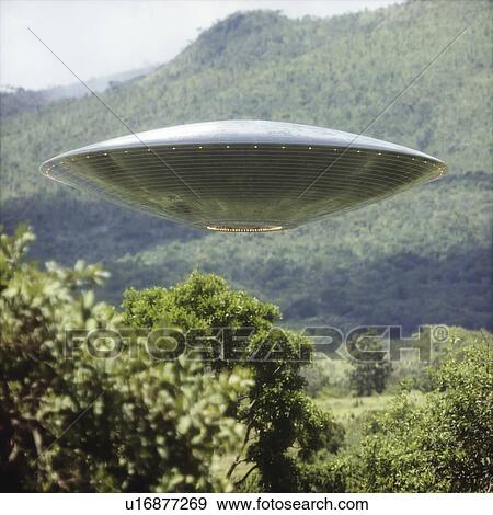 Stock Photo - UFO flying above the trees, illustration.. Fotosearch