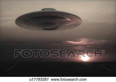 Stock Photo - UFO flying in the sky at sunset, illustration.. Fotosearch