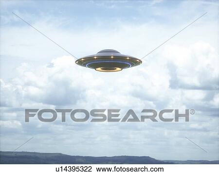 Stock Image - UFO flying in the sky, illustration.. Fotosearch