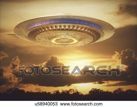 Stock Image - UFO flying in the sky, illustration.. Fotosearch