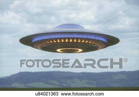 Stock Image - UFO flying in the sky, illustration.. Fotosearch