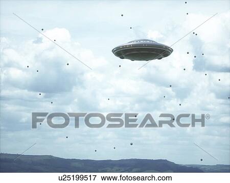 Stock Photo - UFO flying in the sky with dots, illustration.. Fotosearch