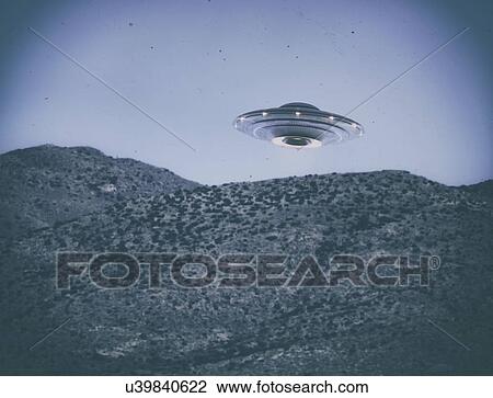 UFO flying over the mountains, illustration. View Large Photo Image Stock Image - UFO flying over the mountains, illustration.. Fotosearch