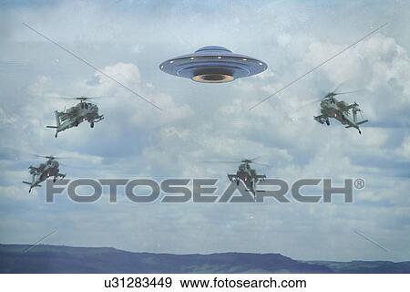 UFO surrounded by helicopters, illustration. View Large Photo Image Stock Photo - UFO surrounded by helicopters, illustration.. Fotosearch