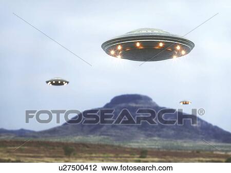 Stock Image - UFOs flying above the hills, illustration.. Fotosearch