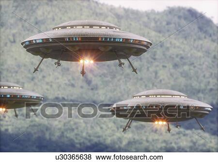 Stock Photo - UFOs flying above the trees, illustration.. Fotosearch