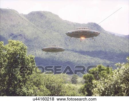 UFOs flying above the trees, illustration. View Large Photo Image Stock Photo - UFOs flying above the trees, illustration.. Fotosearch