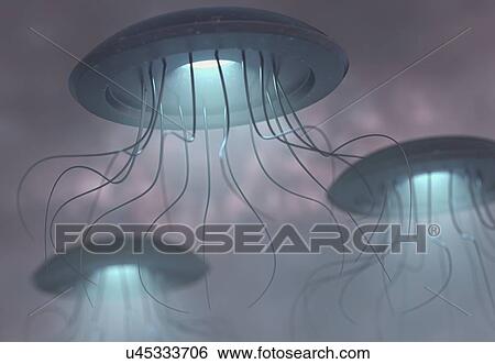 UFOs in sky, illustration View Large Photo Image Stock Photograph - UFOs in sky, illustration. Fotosearch