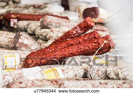 Variety of salami on food stall, Meran, Trentino Alto Adige, Italy View Large Photo Image Picture - Variety of salami on food stall, Meran, Trentino Alto Adige, Italy. Fotosearch