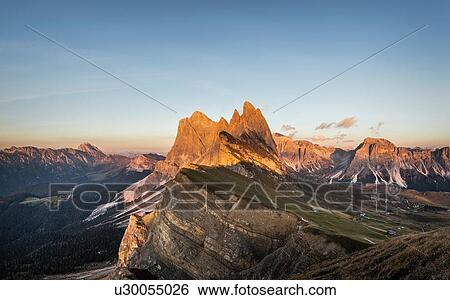 Stock Photograph - View into Geislergruppe, Santa Cristina in Val Gardena, Dolomites, Trentino-Alto Adige, Italy. Fotosearch