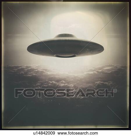 Vintage style UFO flying above the clouds, illustration. View Large Photo Image Stock Photo - Vintage style UFO flying above the clouds, illustration.. Fotosearch