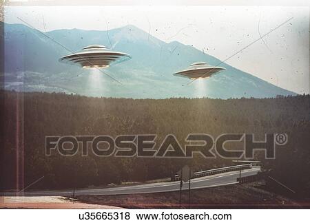Vintage style UFOs flying above the highway, illustration. View Large Photo Image Stock Photo - Vintage style UFOs flying above the highway, illustration.. Fotosearch