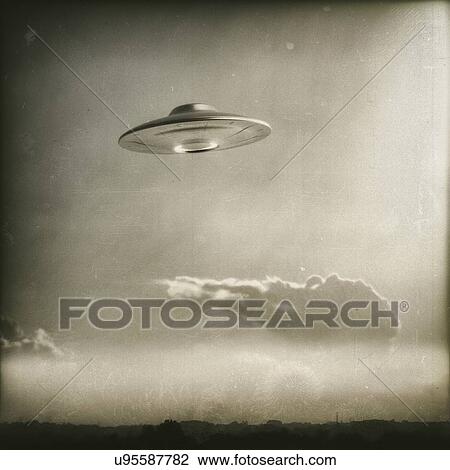 Stock Image - Vintage UFO flying in the sky, illustration.. Fotosearch
