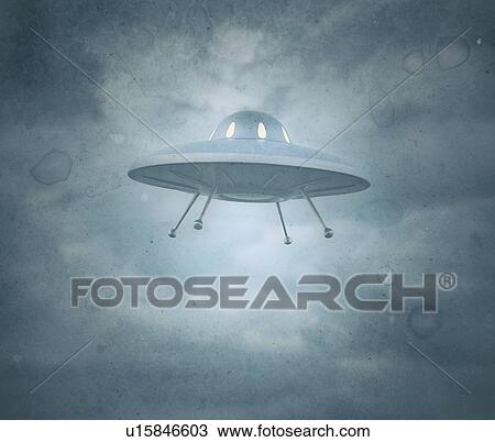 Stock Image - Vintage UFO in the sky, illustration.. Fotosearch