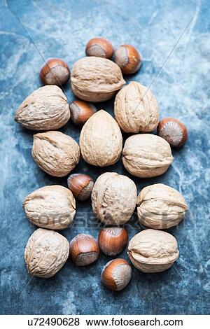 Stock Photo - Walnuts in shell and hazelnuts. Fotosearch