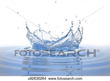 Picture - Water crown splash in a water pool, with circular ripples around. Isolated on white background.. Fotosearch