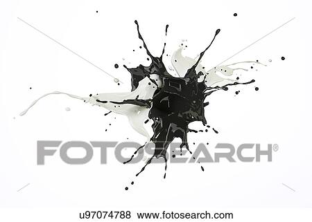 Stock Photo - White and black paint splash explosion, splashing against each other. Isolated on white background.. Fotosearch