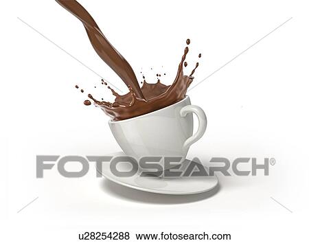 Stock Photo - White cup on saucer, with liquid chocolate pour and splash in it. Isolated on white background.. Fotosearch