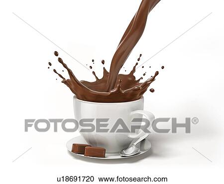 Stock Image - White cup on saucer with spoon, with liquid chocolate splash in it. Isolated on white background.. Fotosearch