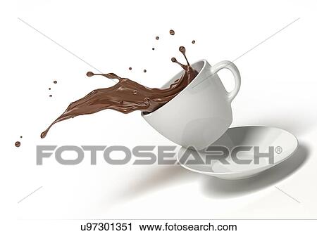 Stock Image - White cup with chocolate splash, jumping on a saucer. On white background.. Fotosearch