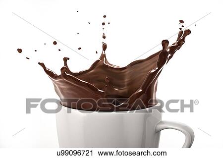Stock Image - White cup with dark chocolate splash. Isolated on white background. close up view.. Fotosearch