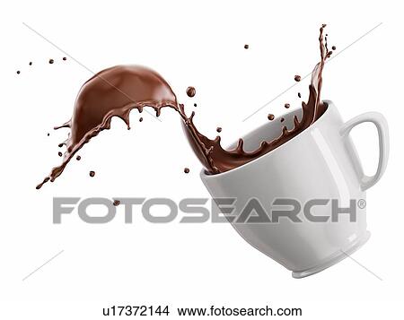 Picture - White porcelain Mug cup with liquid chocolate wave splash. Isolated on white background.. Fotosearch
