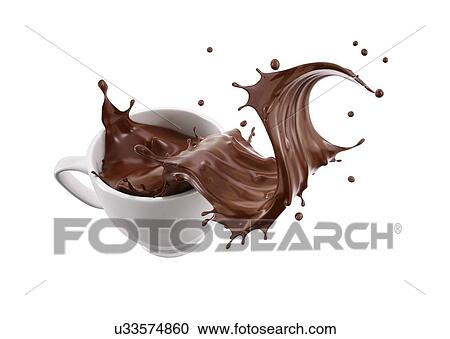 Stock Image - White porcelain Mug cup with liquid chocolate wave splash. Isolated on white background.. Fotosearch