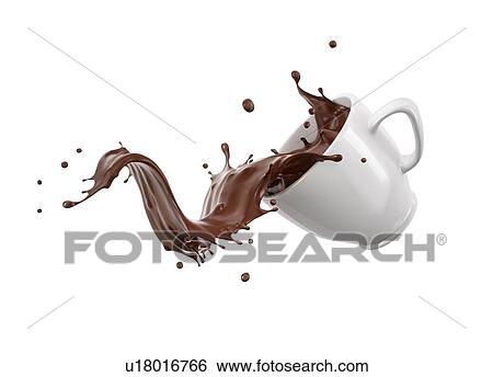 Stock Photograph - White porcelain Mug cup with liquid chocolate wave splash. Isolated on white background.. Fotosearch