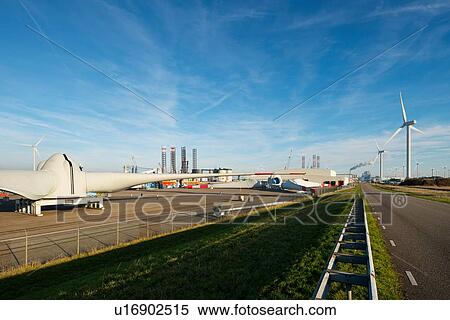 Stock Photography - Wind turbines nacelle and blades in shipping yard, Eemshaven harbour, Groningen, Netherlands. Fotosearch