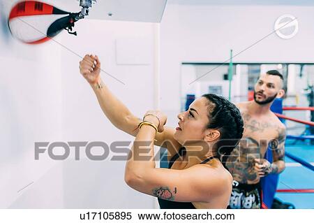 Woman using punch bag in gym View Large Photo Image Stock Photography - Woman using punch bag in gym. Fotosearch