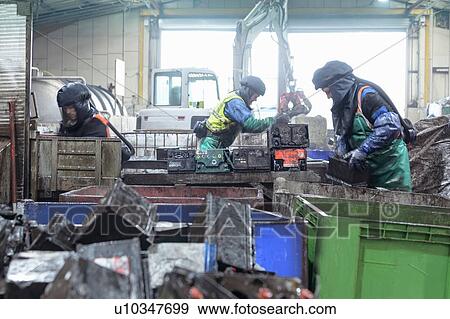 Stock Photo - Workers in protective clothing cutting up automotive batteries in vehicle battery recycling plant. Fotosearch