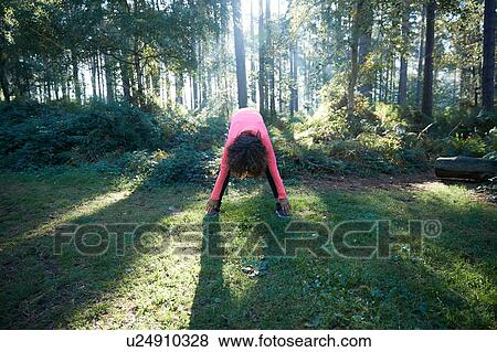 Young female bending forward stretching in forest View Large Photo Image Stock Photo - Young female bending forward stretching in forest. Fotosearch