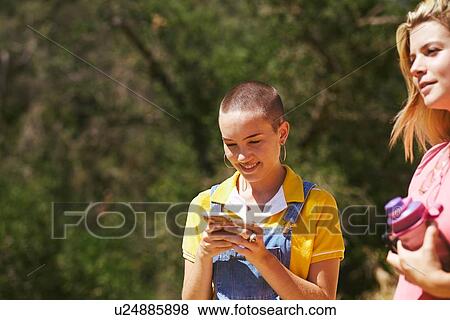 Stock Photo - Young female friends looking at smartphone in park, Los Angeles, California, USA. Fotosearch