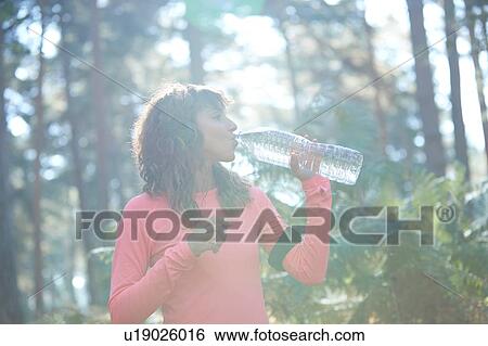 Stock Photograph - Young female runner drinking bottled water in sunlit forest. Fotosearch