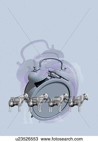 Stock Image - Alarm clock and sheep, illustration.. Fotosearch