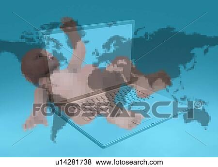 Stock Photo - Baby and open laptop with world map, illustration. Fotosearch