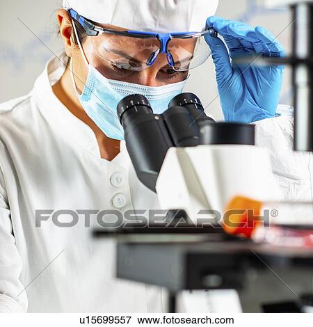 Stock Photo - Biology researcher looking through microscope. Fotosearch