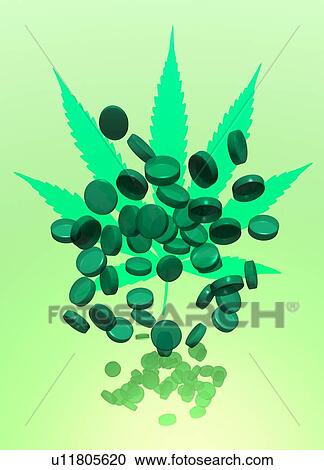 Stock Image - Cannabis leaf and pills, illustration.. Fotosearch