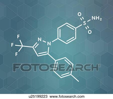 Stock Image - Celecoxib pain and inflammation drug, molecular model. Fotosearch
