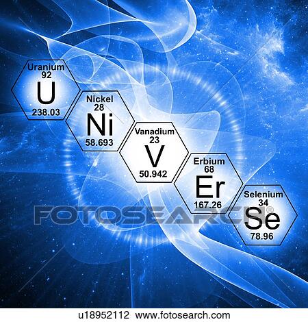Stock Image - Chemical elements and word 'universe', illustration.. Fotosearch