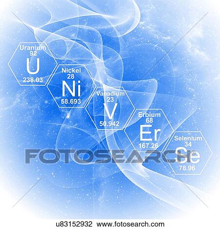 Stock Image - Chemical elements and word 'universe', illustration.. Fotosearch